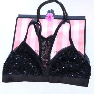 Victoria's Secret Pink Black Sequin Bralette Triangle Racerback Bralette Size M